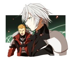 2boys armor black_jacket black_shirt blonde_hair border chest_strap final_fantasy final_fantasy_vii final_fantasy_vii_ever_crisis furrowed_brow glenn_lodbrok green_eyes grey_hair hair_between_eyes highres igusaharu jacket lifestream male_focus multiple_boys open_mouth red_jacket sephiroth sephiroth_(ever_crisis) shirt short_hair shoulder_armor shouting slit_pupils twitter_username upper_body very_short_hair white_border
