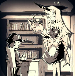 10s 1boy 1girl abyssal_admiral_(kancolle) abyssal_ship admiral_(kancolle) alternate_costume blush boat book bookshelf bow breasts chair claws commentary cup desk embarrassed enmaided gloves horns indoors inkwell kantai_collection long_hair maid medium_breasts military military_uniform monochrome naval_uniform necktie seaport_princess sepia setz single_horn smile teacup trash_can tray trembling watercraft