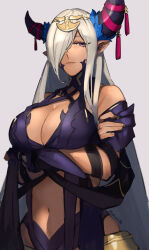 1girl arms_under_breasts asymmetrical_horns bare_shoulders breasts cleavage commentary_request cowboy_shot crossed_arms fire_emblem fire_emblem_engage grey_background grey_horns hair_ornament hair_over_one_eye highres horns large_breasts long_hair mature_female nintendo pointy_ears purple_eyes purple_ribbon revealing_clothes ribbon seinikuten solo tan tassel tassel_hair_ornament uneven_horns zephia_(fire_emblem)