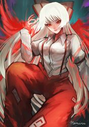 1girl artist_name bow expressionless fire fujiwara_no_mokou hair_bow hand_up highres long_hair long_sleeves looking_at_viewer mamiru_(42105269) nail_polish pants red_eyes red_nails red_pants shirt sitting solo touhou very_long_hair white_hair white_shirt