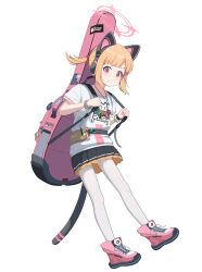 1girl absurdres animal_ear_headphones animal_ears band_shirt black_skirt blonde_hair blue_archive bow bracelet cat_tail closed_mouth dsfr fake_animal_ears fake_tail full_body hair_bow halo headphones highres instrument_case_on_back jewelry large_variant_set looking_at_viewer merchandise millennium_science_school_logo momoi_(blue_archive) necklace official_style pantyhose pink_eyes pink_halo pink_shoes pleated_skirt ponytail shirt shoes short_ponytail simple_background skirt solo tail variant_set waist_bag watch white_background white_pantyhose white_shirt wristwatch