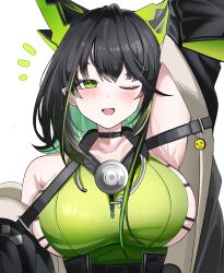 1girl absurdres animal_ears arknights arm_up armpits bare_shoulders black_hair black_jacket breasts cat_ears collarbone dress green_dress green_eyes green_hair highres jacket long_hair long_sleeves mon3tr_(arknights) multicolored_hair off_shoulder one_eye_closed open_mouth sideboob sleeves_past_wrists solo spam_(spamham4506) upper_body white_background