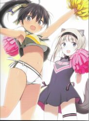 2girls absurdres animal_ears bird_ears bird_girl black_hair blonde_hair blush breasts brown_eyes cheerleader dark-skinned_female dark_skin dress hairband happy highres long_hair looking_at_viewer luminous_witches manaia_matawhaura_hato maria_magdalena_dietrich medium_breasts midriff multiple_girls navel official_art open_mouth pom_pom_(cheerleading) ponytail scan scan_artifacts shimada_fumikane short_eyebrows shorts simple_background squirrel_ears squirrel_girl squirrel_tail standing tail white_background world_witches_series
