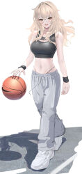 1girl absurdres ball bare_shoulders basketball basketball_(object) black_panties black_sports_bra blonde_hair blush breasts brown_eyes cleavage cleavage_cutout clothing_cutout glasses grey_pants highres large_breasts long_hair looking_at_viewer midriff navel open_mouth original panties pants panty_straps shoes smile sneakers solo sports_bra sportswear sthk sweatpants underwear wristband