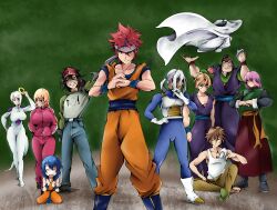10s accessories android_17 android_18 arato_hisako arena cosplay crossover dark_background dragon_ball dragon_ball_super everyone flatpancakesjim frieza hayama_akira highres isshiki_satoshi kuririn kurokiba_ryou mimasaka_subaru multiple_boys multiple_girls muten_roushi nakiri_alice nakiri_erina piccolo shokugeki_no_souma simple_background sitting son_gohan son_goku stage tadokoro_megumi takumi_aldini tenshinhan tournament_of_power vegeta walking yukihira_souma