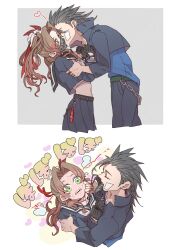1boy 1girl aerith_gainsborough aerith_gainsborough_(midgard_seventh_high_school) bandaid bandaid_on_cheek bandaid_on_face belt wallet_chain black_gloves black_hair black_jacket black_pants black_sailor_collar black_serafuku black_skirt blue_shirt blush brown_hair chest_tattoo choker commentary_request couple cowboy_shot crop_top delinquent ear_blush final_fantasy final_fantasy_vii final_fantasy_vii_ever_crisis flower from_above from_side full-face_blush gakuran gloves green_eyes hair_flower hair_ornament hair_ribbon head_steam heart height_difference highres holding_another&#039;s_arm holding_another&#039;s_hair jacket kiss leaning_forward long_hair looking_at_another mask midriff mouth_mask navel neckerchief nervous_sweating official_alternate_costume oshibainoticket pants parted_bangs pleated_skirt profile ribbon sailor_collar school_uniform serafuku shirt short_hair skirt spiked_hair sukeban sweat tattoo upper_body white_neckerchief zack_fair zack_fair_(midgard_seventh_high_school)