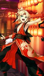 1girl bare_shoulders black_pants blonde_hair braid breasts dragon_print fate/grand_order fate_(series) gold_trim green_eyes happi headband japanese_clothes konoe_ototsugu lantern long_hair looking_at_viewer mordred_(event_portrait)_(fate) mordred_(fate) obi official_art open_mouth pants paper_lantern parted_bangs ponytail red_vest sarashi sash sidelocks small_breasts taiko_sticks vest
