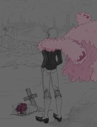 Rule 34 | 1boy, black shirt, blonde hair, bouquet, capri pants, coat, cross, donquixote doflamingo, earrings, flower, from behind, full body, grave, hands in pockets, highres, jewelry, leg hair, looking up, male focus, one piece, pants, partially colored, pink coat, red flower, red rose, rose, shanalikeanna, shirt, short hair, sketch, standing, sunglasses, traditional media