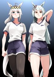 2girls absurdres ahoge animal_ears bare_legs black_pantyhose blue_background blue_eyes bow closed_mouth commentary ear_ornament ear_ribbon frown fujimasa_march_(umamusume) green_hair grey_hair gym_shirt gym_shorts gym_uniform hair_ornament hand_in_own_hair highres horse_ears horse_girl horse_tail kakuteru_sudachi kasamatsu_tracen_training_uniform long_hair medium_hair multiple_girls oguri_cap_(umamusume) pantyhose pantyhose_under_shorts ponytail shirt short_sleeves shorts side-by-side straight_hair t-shirt tail umamusume umamusume:_cinderella_gray walking white_shirt yellow_eyes