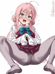 1girl ahoge blue-framed_eyewear blue_bow blush bow commentary_request double_bun dress ebifurya flying_sweatdrops grey_pantyhose hair_between_eyes hair_bun hair_intakes highres kantai_collection long_hair long_sleeves looking_at_viewer makigumo_(kancolle) no_shoes one-hour_drawing_challenge open_mouth panties panties_under_pantyhose pantyhose pink_hair pleated_dress purple_dress semi-rimless_eyewear shirt simple_background sleeves_past_fingers sleeves_past_wrists solo spread_legs tied_sleeves twintails twitter_username under-rim_eyewear underwear very_long_hair white_background white_shirt yellow_eyes