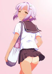 1girl ass bag brown_eyes commentary_request from_behind highres idolmaster idolmaster_cinderella_girls koshimizu_sachiko looking_at_viewer looking_back no_panties pleated_skirt purple_hair sakaki_imasato school_uniform serafuku short_hair skirt solo tan tanline