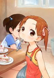 2girls artist_name brown_eyes brown_hair cake cake_slice child cream cream_on_face denim denim_skirt flat_chest food food_on_face fork fruit hair_bobbles hair_ornament hair_ribbon ichigo_mashimaro itou_chika looking_at_viewer matsuoka_miu mouth_hold multiple_girls orz_(orz57) plate prostration ribbon shirt short_hair short_twintails sitting skirt solo_focus strawberry strawberry_shortcake suspenders t-shirt table tank_top twintails