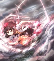 &gt;:) 1girl black_hair black_ribbon black_skirt closed_mouth dress_shirt female_focus flying frilled_skirt frills full_body geta hand_fan hat hauchiwa holding holding_fan leaf_print minust neck_ribbon no_wings pom_pom_(clothes) puffy_short_sleeves puffy_sleeves red_eyes red_footwear ribbon shameimaru_aya shirt shockwave shoes short_hair short_sleeves skirt socks solo sonic_boom_(speed) tengu-geta tokin_hat touhou v-shaped_eyebrows white_shirt white_socks