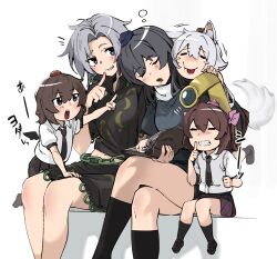 5girls aged_down ahoge animal animal_ears black_hair black_necktie blush_stickers book bow breasts brown_hair chain child closed_eyes detached_sleeves hair_bow hat highres himekaidou_hatate himemushi_momoyo holding holding_book iizunamaru_megumu inubashiri_momiji long_hair motion_blur multiple_girls necktie open_mouth plaid_clothes plaid_skirt pom_pom_(clothes) purple_bow red_hat shameimaru_aya shirt short_hair short_sleeves shot_(shot0598) shoulder_guard sitting skirt sleeping sleeping_on_person sleeping_upright tail tail_wagging tokin_hat tongue tongue_out touhou twintails white_hair white_shirt wolf_ears wolf_tail