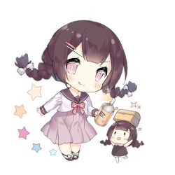 2girls :d :q arms_up blush blush_stickers bow bowtie braid brown_dress brown_hair brown_sailor_collar brown_shoes chibi dress fairy_(girls&#039;_frontline) footwear_bow full_body girls&#039;_frontline hair_bow holding long_hair long_skirt long_sleeves looking_at_viewer multiple_girls object_on_head official_art open_mouth pink_bow pink_bowtie pink_eyes pink_skirt pleated_skirt rescue_fairy_(girls&#039;_frontline) sailor_collar saru shirt shoes simple_background skirt slit_pupils smile sparkle spray_can standing standing_on_one_leg star_(symbol) third-party_source tongue tongue_out transparent_background treasure_chest twin_braids v-shaped_eyebrows white_bow white_shirt |_|