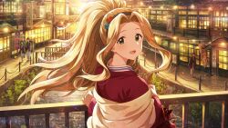 Rule 34 | 1girl, blush, bridge, brown hair, building, curtained hair, floral print, flower, green eyes, hairband, high ponytail, idolmaster, idolmaster million live!, ivy, japanese clothes, kimono, long bangs, long hair, looking at viewer, looking back, nikaido chizuru, orange shawl, plant, ponytail, red kimono, reflection, reflective water, road, shawl, sign, smile, sparkle, street, sunset, very long hair, water