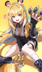 1girl absurdres animal_ears blonde_hair green_eyes highres ju_fufu k0a long_hair shorts solo tail tiger_ears yellow_background zenless_zone_zero