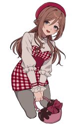 Rule 34 | 1girl, bag, bag bow, blue eyes, blush, bow, breasts, brown hair, cowboy shot, cropped legs, dot nose, dress, gakuen idolmaster, grey pantyhose, hat, heart-shaped bag, highres, himesaki rinami, holding, holding bag, idolmaster, large breasts, leaning forward, long hair, long sleeves, looking at viewer, miniskirt, open mouth, pantyhose, pencil skirt, pink bow, plaid clothes, plaid dress, red dress, simple background, skirt, smile, solo, two-tone dress, white background, white dress, yureru 300