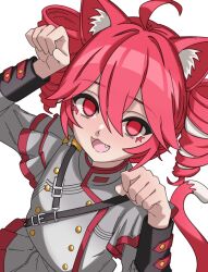 Rule 34 | 1girl, absurdres, ahoge, animal ears, belt, black belt, black sleeve cuffs, buttons, cat ears, double-breasted, drill hair, fang, ghuler, grey skirt, hair between eyes, hair ribbon, hands up, highres, jacket, kasane teto, kasane teto (sv), layered sleeves, long sleeves, musical staff, musical staff print, open mouth, paw pose, red eyes, red hair, red skirt, red trim, ribbon, shoulder belt, shoulder boards, skirt, skirt set, solo, striped clothes, striped jacket, synthesizer v, transparent background, twin drills, utau, white ribbon