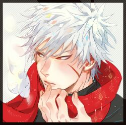 Rule 34 | 1boy, blush, facial mark, grey hair, looking to the side, male focus, naruto (series), naruto shippuuden, red eyes, red scarf, s&oacute;lo, scarf, senju tobirama, short hair, vosovic