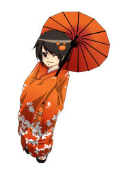 1girl black_hair brown_eyes crab female_focus hair_ornament hairpiece japanese_clothes kimono kyeonjoo long_sleeves oil-paper_umbrella one_eye_closed orange_theme original parasol sandals simple_background sleeves_past_wrists smile solo umbrella white_background wide_sleeves wink