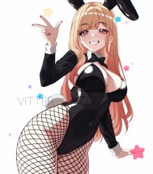 animal_ears black_leotard blonde_hair breasts cleavage cowboy_shot fake_animal_ears fake_tail fishnet_pantyhose fishnets gradient_hair highres kitagawa_marin large_breasts leotard long_hair multicolored_hair pantyhose pink_hair playboy_bunny rabbit_ears rabbit_tail red_eyes simple_background sono_bisque_doll_wa_koi_wo_suru star_(symbol) tail two-tone_hair vitter w white_background