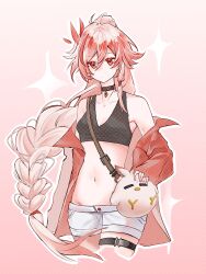 Rule 34 | 1girl, belt, black choker, breasts, chinese commentary, choker, coat, commentary request, crop top, cropped legs, fu hua, fu hua (garuda), highres, honkai (series), honkai impact 3rd, jingwei (bird), long braid, long hair, navel, official alternate costume, pink background, red coat, red eyes, red hair, short shorts, shorts, sinka78035570, small breasts, solo, stomach, thigh belt, thigh strap, very long hair, white shorts