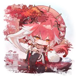 1girl animal bare_shoulders black_jacket black_thighhighs body_markings braid breasts changli_(wuthering_waves) chibi chibi_only closed_mouth commentary_request dress feather_hair hair_between_eyes hair_extensions hair_ornament highres holding holding_umbrella jacket large_breasts light_blush long_hair looking_at_animal lt26 multicolored_hair oil-paper_umbrella orange_eyes pink_hair red_umbrella ring_hair_extensions sitting smile solo thigh_strap thighhighs twin_braids two-tone_hair umbrella very_long_hair white_dress white_hair wuthering_waves