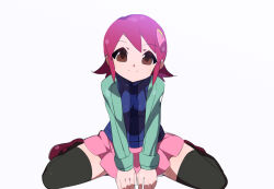 Rule 34 | 1girl, aqua shirt, black thighhighs, blue vest, brown eyes, kaidou zx, mayl sakurai (mega man), medium hair, mega man (series), mega man battle network (series), pink skirt, red hair, shirt, simple background, skirt, solo, thighhighs, vest, white background
