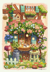 basket birdhouse blue_flower border branch calico cat commentary_request dated fence flower glass_bottle grey_border hanging_plant highres kemi_neko leaf light_bulb mailbox_(incoming_mail) milk_churn no_humans open_window original picket_fence pink_flower plant potted_plant purple_flower red_flower sign signature stool trowel vines wheel window windowsill wooden_fence