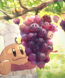 :d :o @_@ ^_^ apron batamon blue_eyes blush_stickers bow bowtie chef_hat chef_kawasaki closed_eyes closed_mouth colored_skin commentary_request food fruit gooey_(kirby) grapes hat highres kirby kirby_(series) leaf needlous nintendo no_humans open_mouth orange_skin outdoors pink_skin red_bow red_bowtie smile suyasuyabi tongue tongue_out tree twitter_username waddle_dee watermark white_apron white_hat
