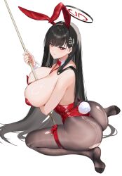 1girl absurdres animal_ear_hairband animal_ears arm_under_breasts ass azur_lane bare_shoulders between_breasts black_hair black_halo black_pantyhose blue_archive blush bow bowtie breasts bright_pupils cleavage cosplay cue_stick fake_animal_ears feet hair_ornament hair_over_shoulder hairband hairclip halo highleg highleg_leotard highres holding_cue_stick huge_breasts kakumayu leotard long_hair looking_at_viewer multicolored_halo nail_polish pantyhose playboy_bunny rabbit_ear_hairband rabbit_ears red_bow red_bowtie red_eyes red_leotard red_nails rio_(blue_archive) simple_background sitting smile soles solo strapless strapless_leotard taihou_(azur_lane) taihou_(azur_lane)_(cosplay) taihou_(fun_on_the_baize)_(azur_lane) thigh_strap thighs toes torn_clothes torn_pantyhose two-tone_halo very_long_hair wariza white_background white_pupils white_wrist_cuffs wrist_cuffs