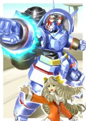 1girl bow drill_hair female_focus goggles goggles_on_head goggles_on_hear green_eyes grey_hair hair_bow hammer highres huge_weapon long_hair maria_balthasar md5_mismatch mecha pointing robot rocket_punch seibzehn solo urara_(urara-nya) weapon xeno_(series) xenogears yellow_bow