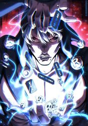 1boy bare_pectorals black_hood black_sclera clenched_teeth colored_sclera commentary electricity english_commentary glowing highres jojo_no_kimyou_na_bouken kujaarts looking_at_viewer male_focus metallica_(stand) muscular muscular_male nipples parted_lips pectorals razor_blade red_eyes risotto_nero short_hair solo stand_(jojo) teeth upper_body vento_aureo white_hair
