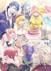 4girls 5boys aaron_wei agnes_claudel ahoge artist_name beard bergard_zeman birthday_cake blonde_hair blue_eyes blue_hair bouquet breasts cake chisarune closed_eyes cup dated earrings eiyuu_densetsu english_text facial_hair feri_al-fayed flower food fur_trim hair_slicked_back hairband happy_birthday hime_cut holding holding_bouquet holding_cup jewelry judith_lanster kai_no_kiseki kuro_no_kiseki_(series) large_breasts long_hair maid_headdress mullet multicolored_hair multiple_boys multiple_girls one_eye_closed open_mouth pendant pink_hair ponytail quatre_salision risette_twinings scarf short_hair sidelocks two-tone_hair van_arkride watermark white_hair yume_(kuro_no_kiseki)