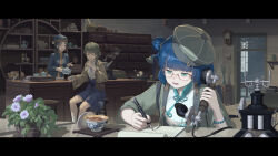 Rule 34 | 3girls, absurdres, ancle (aruncle), blue hair, blue headwear, blue jacket, blue skirt, cafe, closed eyes, clothing request, commentary request, crying, crying with eyes open, cup, fanny pack, flower, glasses, green eyes, green hair, green headwear, green jacket, hair bun, highres, holding, holding phone, holding teapot, indoors, jacket, long hair, medium hair, multiple girls, nib pen (object), notepad, one side up, open mouth, original, pen, phone, plant, pointing, potted plant, purple eyes, purple flower, shirt, sitting, skirt, streaming tears, tea, teacup, teapot, tears, white shirt, writing
