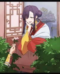 1boy 1girl blue_eyes blush chinese_clothes couple dress earrings flower gauma gridman_universe hair_between_eyes hair_bun hair_over_one_eye hetero highres himagosan holding holding_flower jacket jewelry long_hair long_sleeves open_mouth pink_flower princess_(dynazenon) smile ssss.dynazenon window