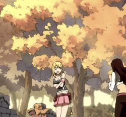 &gt;_&lt; 2girls :d animated animated_gif belt blonde_hair blush breasts brown_hair cana_alberona cleavage fairy_tail grabbing_from_behind groping heart hug legs long_hair lowres lucy_heartfilia multiple_girls naughty_face o_o open_mouth outdoors pants ruins skirt smile tree xd yuri