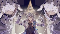 2boys black_vest brooch brown_shirt closed_mouth commentary conductor conductor_baton dual_persona english_commentary eye_symbol feather_trim gloves grey_hair grey_jacket grimace hair_between_eyes halo halo_behind_head head_wings highres holding holding_baton holding_wand honkai:_star_rail honkai_(series) jacket jewelry k121805d long_sleeves looking_at_viewer male_focus medium_hair multiple_boys open_clothes open_jacket piercing puppet_strings shirt size_difference solo_focus spiked_halo straight-on sunday_(honkai:_star_rail) turtleneck upper_body vest wand white_gloves white_wings wing_piercing wings yellow_eyes