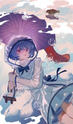 1girl :p absurdres bird blue_eyes blue_hair blue_skirt blue_vest chinese_commentary commentary cowboy_shot dutch_angle ender_xiaohai geta heterochromia highres holding holding_umbrella long_sleeves looking_at_viewer pleated_skirt purple_umbrella raincoat red_eyes ripples see-through_clothes see-through_raincoat short_hair skirt solo tatara_kogasa tongue tongue_out touhou umbrella vest water