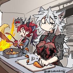 Rule 34 | 1girl, 2boys, ^ ^, afterimage, animal ears, apron, arknights, black jacket, brooch, carrot, chopping, closed eyes, closed mouth, cooking, cooking pot, cutting board, dragon boy, dragon horns, fang, fire, food, fried rice, furrowed brow, grey hair, highres, holding, holding knife, holding ladle, holding pan, horns, indoors, jacket, jewelry, kitchen, knife, ladle, lappland (arknights), lappland the decadenza (arknights), long hair, messy hair, multiple boys, mutomorokoshi, open mouth, ponytail, red apron, red hair, scar, scar across eye, scar on face, sleeves rolled up, smile, smirk, smug, tail, tossing, wolf, wolf ears, wolf girl, wolf tail, yu (arknights), zaaro (arknights)