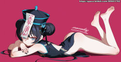 1girl absurdres ass barefoot black_dress black_hair black_nails blue_archive blue_eyes breasts china_dress chinese_clothes double_bun dress full_body hair_bun hat highres kisaki_(blue_archive) loli long_hair looking_at_viewer lying momobug22 nail_polish ofuda on_stomach qingdai_guanmao sidelocks simple_background small_breasts solo the_pose toenail_polish toenails