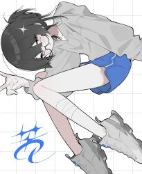 1girl absurdres bandaged_leg bandages black_hair blue_shorts commentary_request glasses grey_sweater grid_background hand_up highres long_sleeves looking_at_viewer looking_over_eyewear myomuron original shoes short_hair shorts sneakers solo sweater white_background