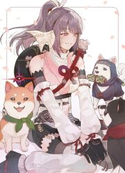 1girl au_ra bare_shoulders black_gloves black_shorts cherry_blossoms detached_sleeves dog dragon_girl dragon_horns final_fantasy final_fantasy_xiv fishnet_thighhighs fishnets gameplay_mechanics gloves grin highres horns light_blush long_hair looking_at_animal mugi_kosuta pink_eyes pink_hair ponytail shiba_inu shorts sitting smile solo thighhighs wariza white_sleeves yozakura_(ff14)