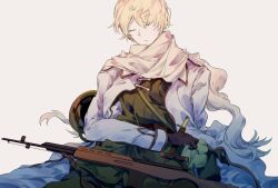1boy arrow_(symbol) axis_powers_hetalia axygen belt black_gloves blonde_hair brown_belt closed_eyes closed_mouth coat collared_coat dagger gloves green_hat green_jacket green_pants gun hair_between_eyes hat holding holding_dagger holding_knife holding_weapon jacket knife long_sleeves male_focus military_hat military_jacket military_uniform open_clothes open_coat pants rifle russia_(hetalia) scarf short_hair simple_background sitting solo unworn_hat unworn_headwear weapon white_background white_coat white_scarf