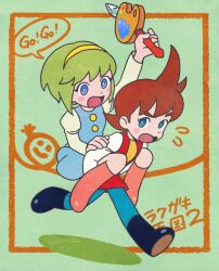 1boy 1girl blue_eyes blush boots brown_hair carrying carrying_person commentary_request copyright_name dress graffiti_wand green_hair hairband highres holding open_mouth pastel_(rakugaki_oukoku) piggyback pixel_(rakugaki_oukoku) rakikoko rakugaki_oukoku rakugaki_oukoku_2:_maou-jou_no_tatakai speech_bubble