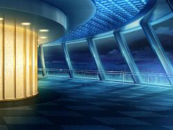 artist_request carpet ceiling_light checkered_floor city cloud elevator game_cg indoors magia_record:_mahou_shoujo_madoka_magica_gaiden mahou_shoujo_madoka_magica night night_sky no_humans official_art railing sky window