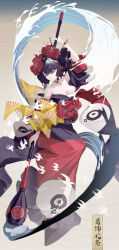 1girl absurdres armpits bare_shoulders black_flower blunt_bangs breasts calligraphy_brush chinese_hairpin cleavage closed_eyes closed_mouth dress fate/grand_order fate_(series) feibai flower hair_flower hair_ornament hairpin highres holding holding_calligraphy_brush holding_paintbrush katsushika_hokusai_(fate) large_breasts medium_hair multicolored_dress multiple_hairpins paintbrush parted_lips pink_flower purple_dress purple_hair red_dress sash solo yellow_dress yellow_sash