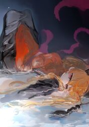 1girl artist_name belt black_background black_dress black_hat breasts chinese_clothes closed_mouth dalachi_(headdress) dress emimi_(emimi_28) energy hair_between_eyes hat junko_(touhou) long_hair long_sleeves looking_down lying mandarin_collar medium_breasts on_back orange_hair pom_pom_(clothes) purple_belt red_eyes red_tabard simple_background solo tabard tassel touhou water wide_sleeves
