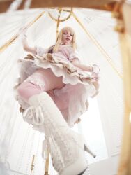 Rule 34 | 1girl, ass, blonde hair, boots, breasts, cosplay, cosplay photo, dress, emilie de rochefort, emilie de rochefort (cosplay), fingerless gloves, from below, gloves, long hair, photo (medium), real life, short sleeves, sminky, tekken, tekken 8